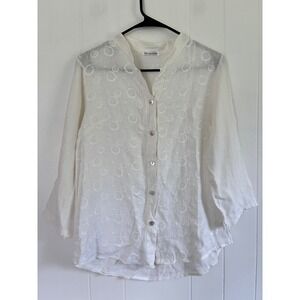 New Collection White Linen Embroidered Swirl Button Down Shirt Made in Italy M